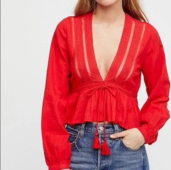 free PEOPLE oberoi red deep v neck boho blouse - Picture 4 of 11